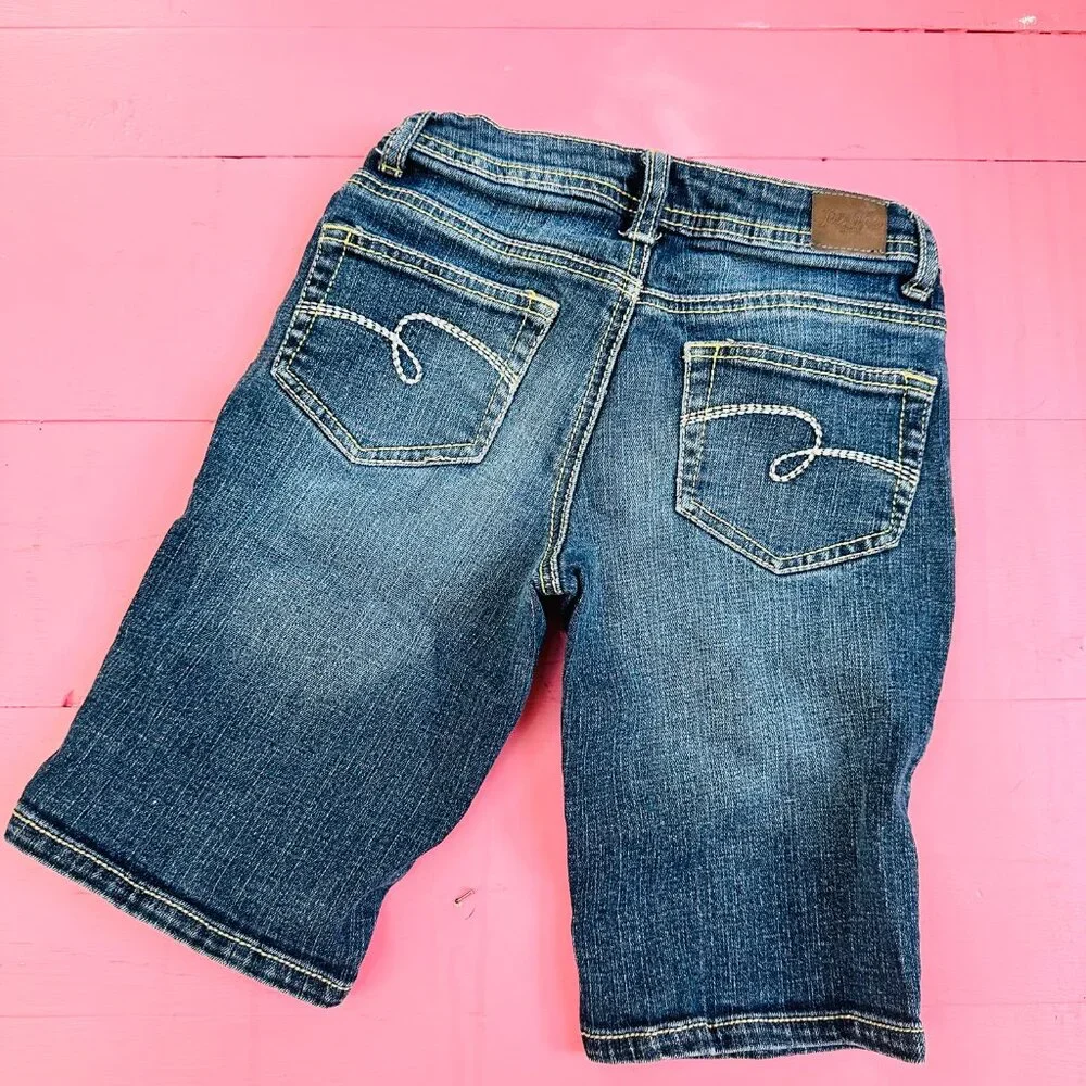 Justice Girls Denim Bermuda Shorts Size 7 Distressed Jean Shorts Dark Wash